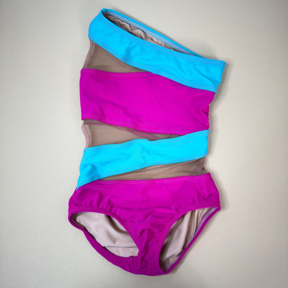 AA Dance Costumes FLORIDA Leotard Pink Blue Mesh Cut Out Child Med CM Photoshoot